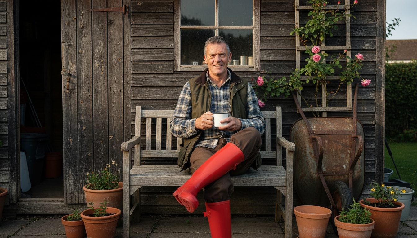 Kevin on a bench outside his potting shed