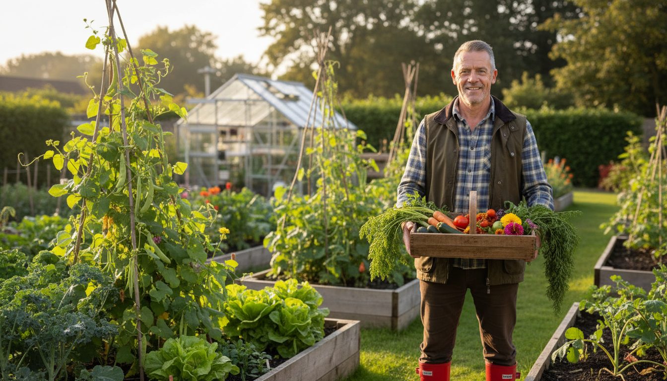 Kevin holding a trug of fresh vegetables in a kitchen garden