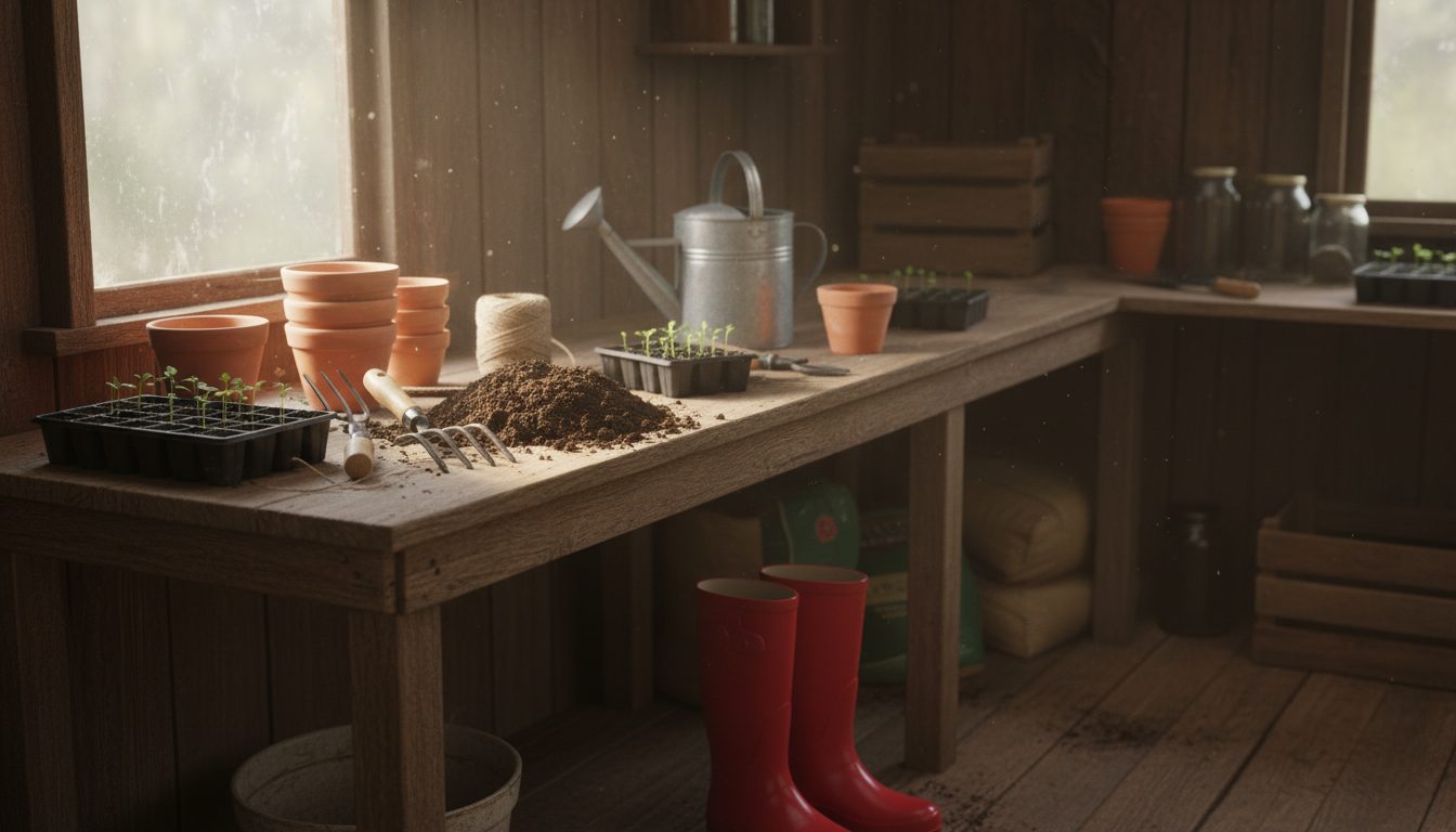 A potting bench with hand tools, seed trays and terracotta pots